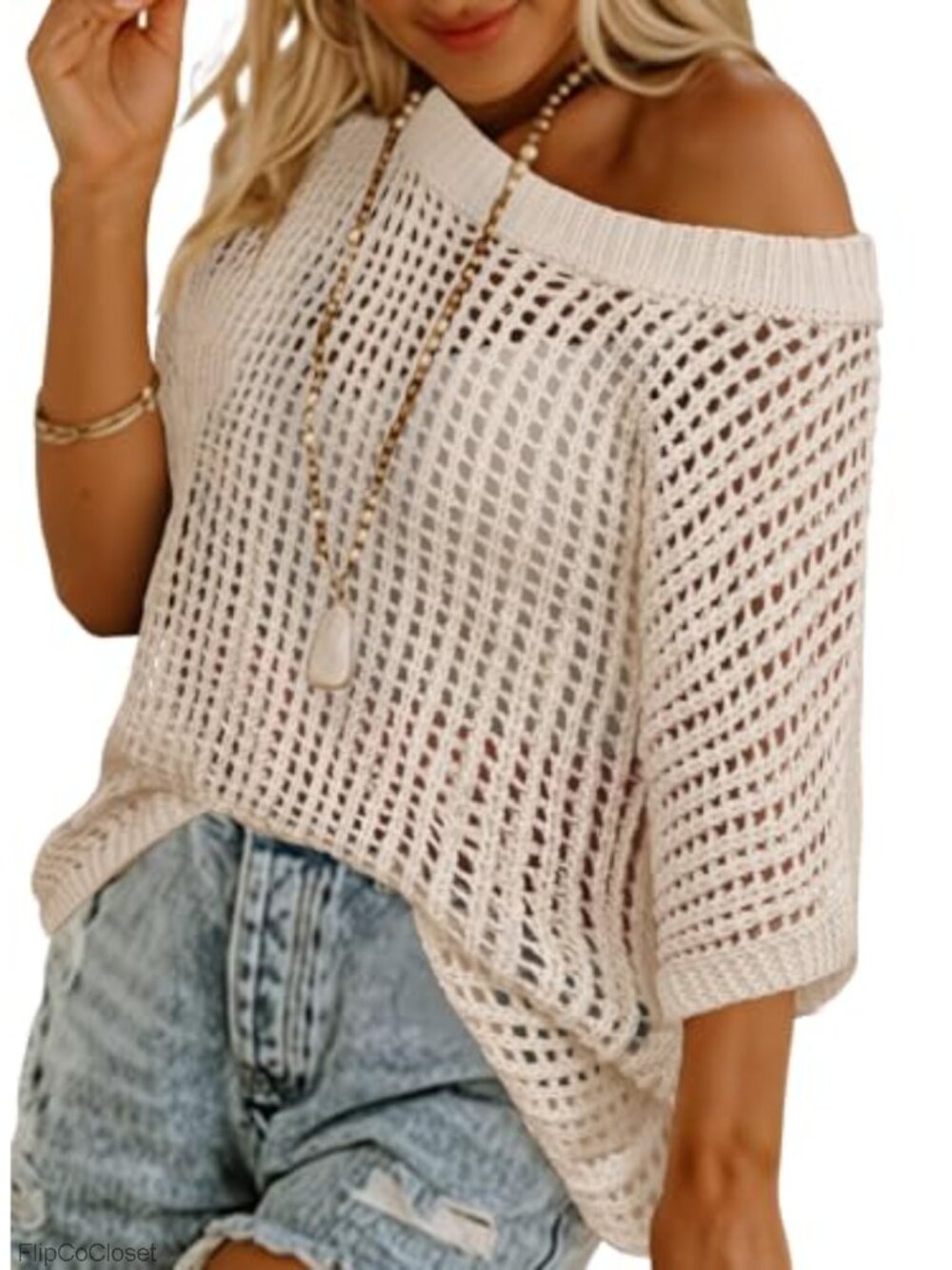Womens Crochet Swimsuit Coverup Scoop Neck Off Shoulder Beach Vacation Top